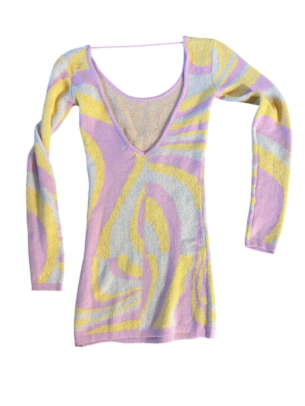 Super down Abstract Pastel Knit Mini Dress With Long Sleeves & Scoop Neckline - - Picture 7 of 10